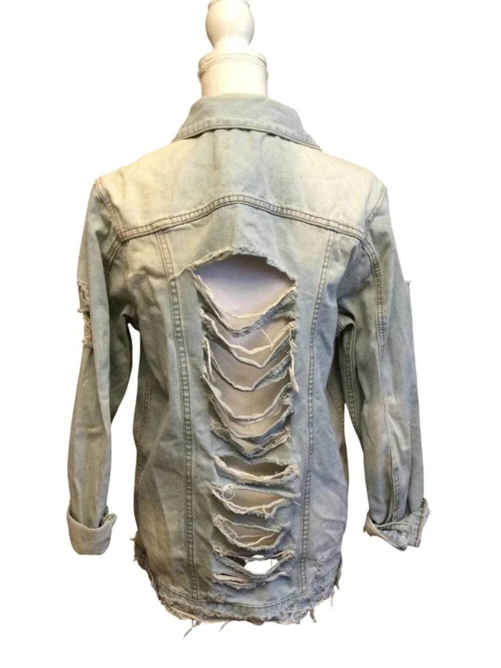 Mono B Womens Denim Jacket Size M Distressed Destroyed Rips